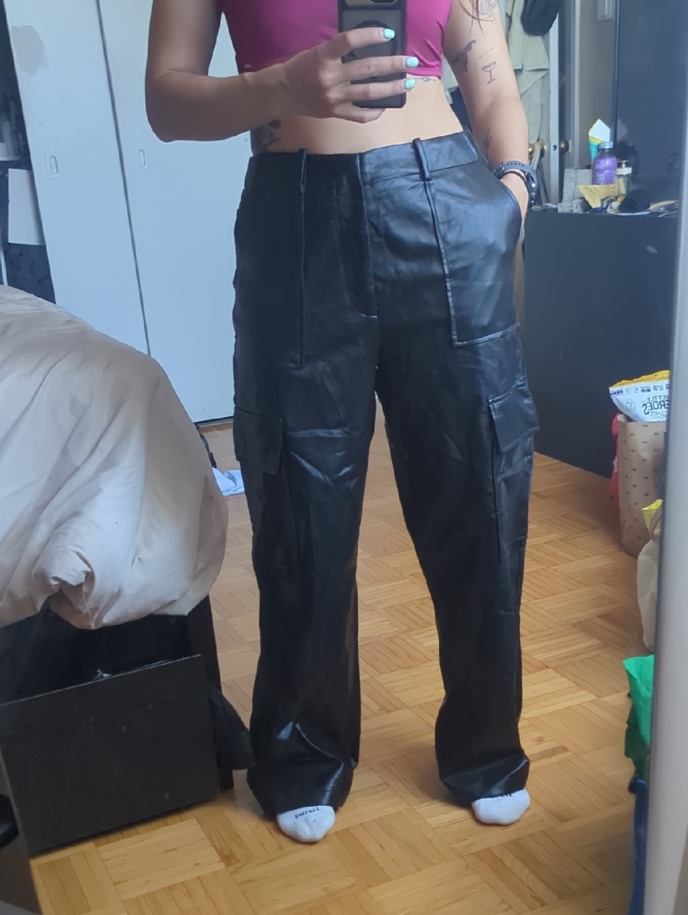 Wayf Black Faux Leather Wide-Leg Cargo Pants